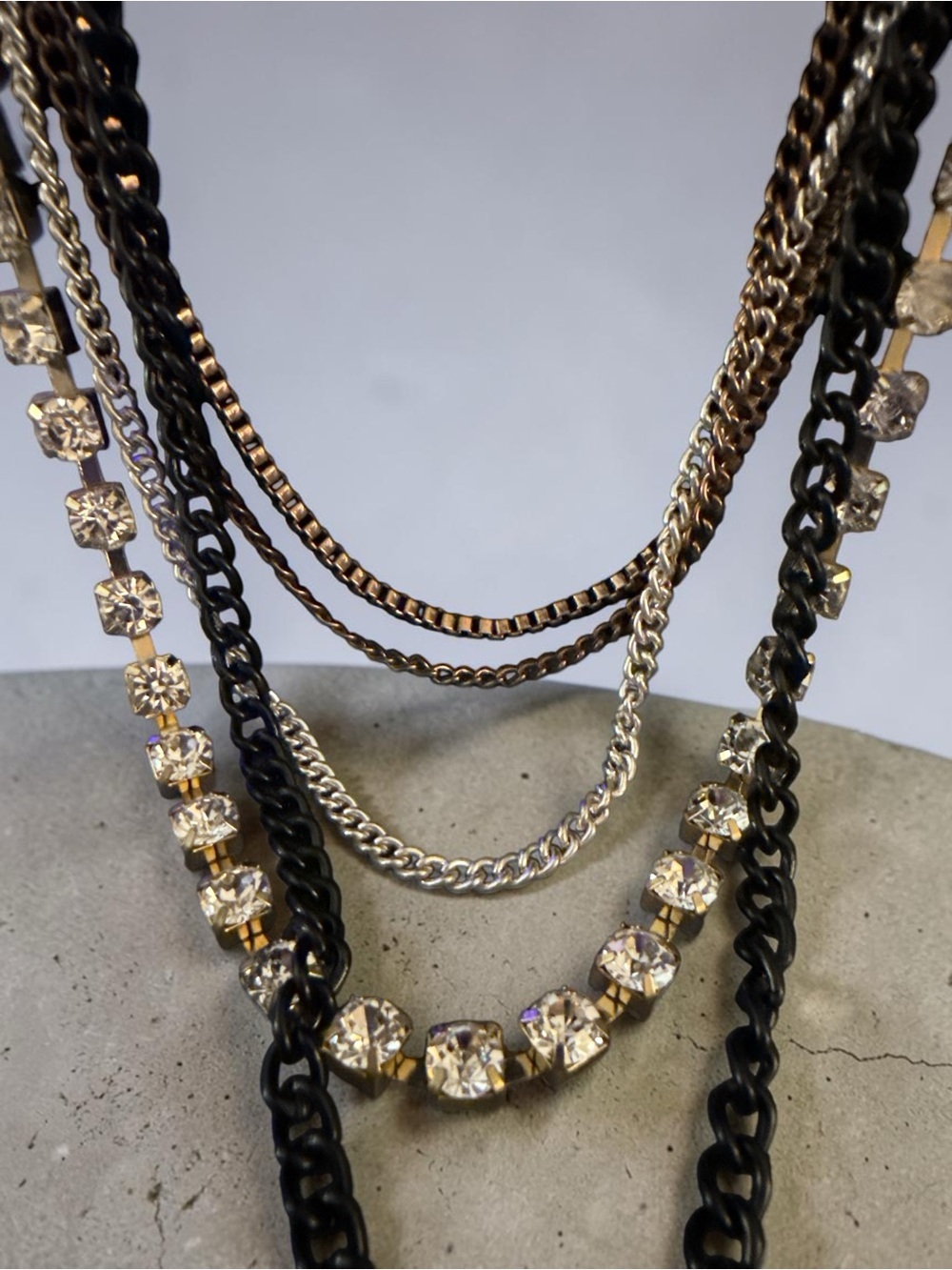 Statement Multi-Strand Chain & Rhinestone Necklace | Mixed Metal 18”